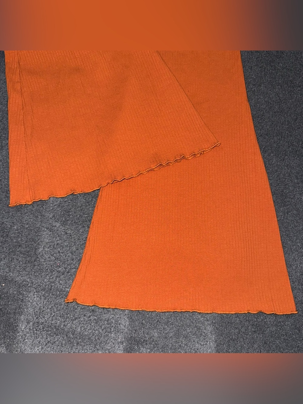 Orange Ribbed Flare Pull On Pants Sz L Lettuce Hem Stretch Knit 70s Retro Hippie - Picture 5 of 7